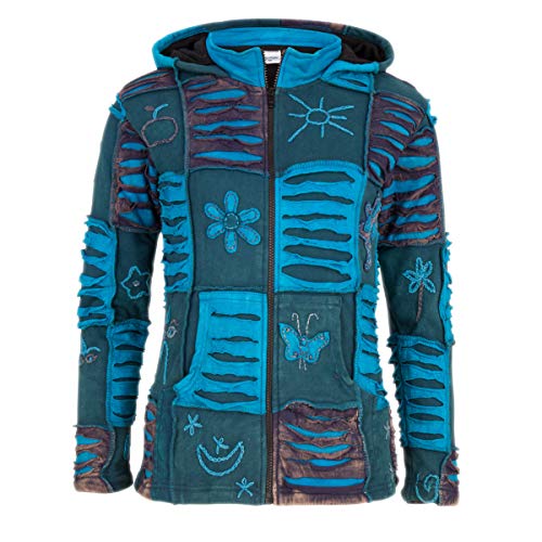 Patchwork Jacke Damen Kapuzenpulli Säurewäsche in türkisfarbe aus Baumwolle mit Fleece Gefüttert SHAKALOHA Buzz Turqoise. Starker Reißverschluß, mit genähten Details/Blümen. - M von SHAKALOHA LIFE IS FOR LIVING