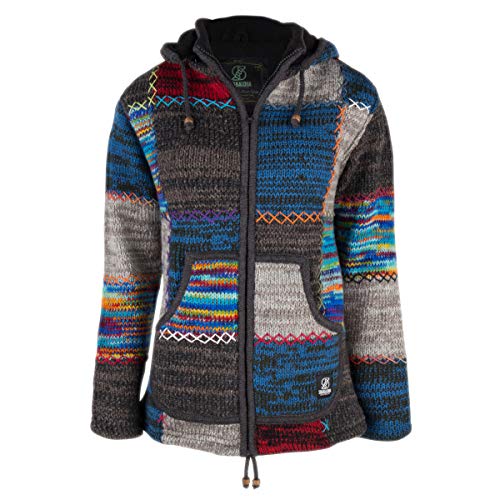 Patchwork Strickjacke Wolljacke in Bunte Farben mit Kapuze - M Patch ZH BlitzMulti für Herren - in Nepal hergestellte fleecegefütterte Wolljacke mit Abnehmbarer Kapuze. SHAKALOHA Original. - XL von SHAKALOHA LIFE IS FOR LIVING