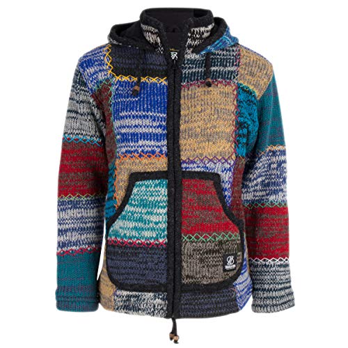 Patchwork Strickjacke Wolljacke in Bunte Farben mit Kapuze - W Patch ZH Fademulti für Damen - in Nepal hergestellte fleecegefütterte Wolljacke mit Abnehmbarer Kapuze. SHAKALOHA Original. - XL von SHAKALOHA LIFE IS FOR LIVING