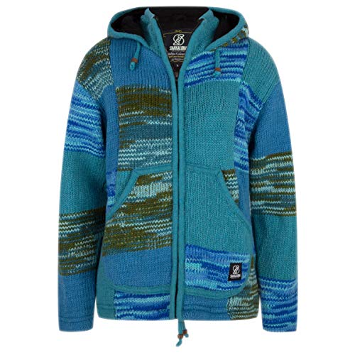 SHAKALOHA - Beste Qualität Patchwork Strickjacke in türkis- und blaue Farben und Strickmuster - mit fester Kapuze - w Patch NH Aqua für Damen - fleecegefütterte Nepal Wolljacke. - XXL von SHAKALOHA LIFE IS FOR LIVING