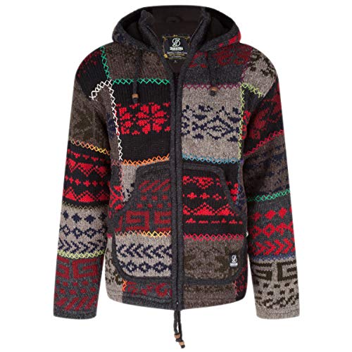 SHAKALOHA - Patchwork Strickjacke Wolljacke in Bunte Farben mit Kapuze - M Patch NH Happy für Herren - im fairen Wettbewerb in Nepal hergestellte fleecegefütterte Wolljacke - L von SHAKALOHA LIFE IS FOR LIVING
