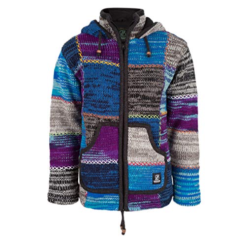 SHAKALOHA Patchwork Strickjacke Wolljacke in Bunte Farben mit Kapuze - W Patch NH FreeMulti für Damen - im fairen Wettbewerb in Nepal hergestellte fleecegefütterte Wolljacke mit Kapuze - S von SHAKALOHA LIFE IS FOR LIVING