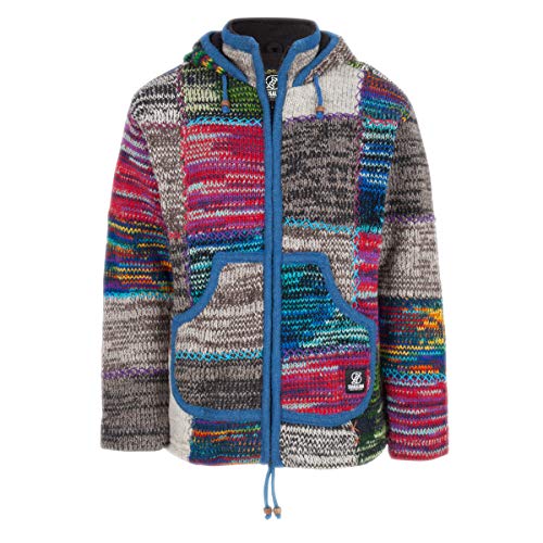 SHAKALOHA - Patchwork Strickjacke Wolljacke in gemischte Farben mit Abnehmbarer Kapuze - M Patch NH MixMulti für Herren - im fairen Wettbewerb in Nepal hergestellte fleecegefütterte Wolljacke - XL von SHAKALOHA LIFE IS FOR LIVING