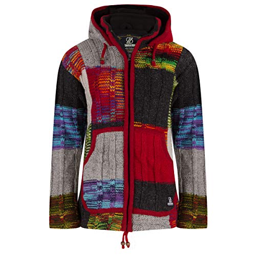 SHAKALOHA - Spitzenqualität Patchwork Strickjacke in Bunte Farben mit Strickmuster mit Rippen - Fester Kapuze -W Rib Patch Multi für Damen - fleecegefütterte Nepal Wolljacke. Einzigartig. - M von SHAKALOHA LIFE IS FOR LIVING