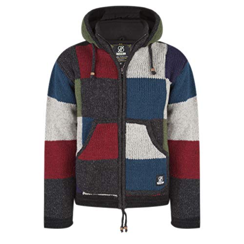 SHAKALOHA - Spitzenqualität Patchwork Strickjacke mit Blau/Rot/Anthrazit/Grün/Grau - M Patch NH Winston Herren/Unisex - in Nepal hergestellte fleecegefütterte Jacke aus Schafswolle - XL von SHAKALOHA LIFE IS FOR LIVING