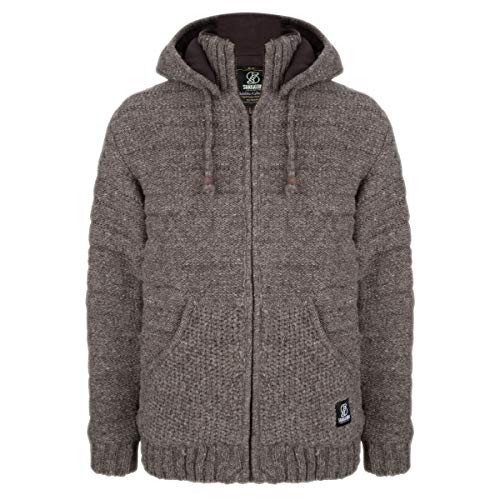 SHAKALOHA - Strickjacke Kapuzenwolljacke - Chuck Ziphood in Hellbraun für Herren/Unisex - im fairen Wettbewerb hergestellte mit Fleece gefütterte Kapuzenjacke - Handgestrickt in Nepal - L von SHAKALOHA LIFE IS FOR LIVING