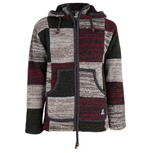 SHAKALOHA - Topqualität Patchwork Strickjacke in gemischter Bunte Farben - M Patch ZH BurgundyGreyGreen Herren/Uni - fleecegefütterte Jacke aus Schafswolle aus Nepal - S von SHAKALOHA LIFE IS FOR LIVING
