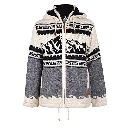 Shakaloha Herren Alaska ZH GrauWeiß Strickjacke, 100% Wolle aus Nepal, mit Fleecefutter und Abnehmbarer Kapuze, handgefertigt und umweltfreundlich, Bergen Strickmuster - L von SHAKALOHA LIFE IS FOR LIVING