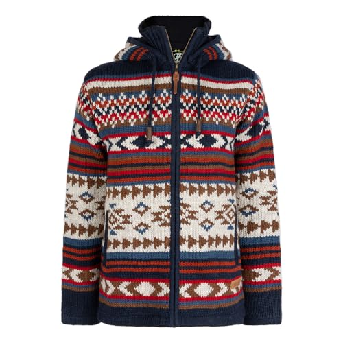 Shakaloha Herren Strickjacke mit Abnembahrer Kapuze & hohe Innenstehkragen - Fleecegefüttert - Bunte Wolljacke mit Reißverschluss, mehrfarbiges Muster, Fair Trade - Burque Multi Ziphood. - L von SHAKALOHA LIFE IS FOR LIVING