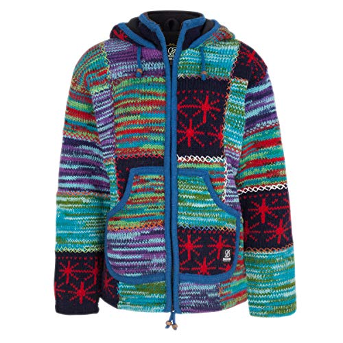 Shakaloha Patchwork Strickjacke Wolljacke in Bunte Farben mit Kapuze - W Patch ZH OceanStarlight2 für Damen - in Nepal hergestellte fleecegefütterte Wolljacke mit Abnehmbarer Kapuze. - M von SHAKALOHA LIFE IS FOR LIVING