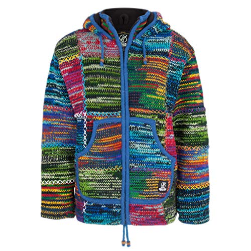 Shakaloha Patchwork Strickjacke in Bunte Farben mit Kapuze - W Patch ZH Fullmulti für Damen - im fairen Wettbewerb in Nepal hergestellte fleecegefütterte Wolljacke mit Abnehmbarer Kapuze. - M von SHAKALOHA LIFE IS FOR LIVING