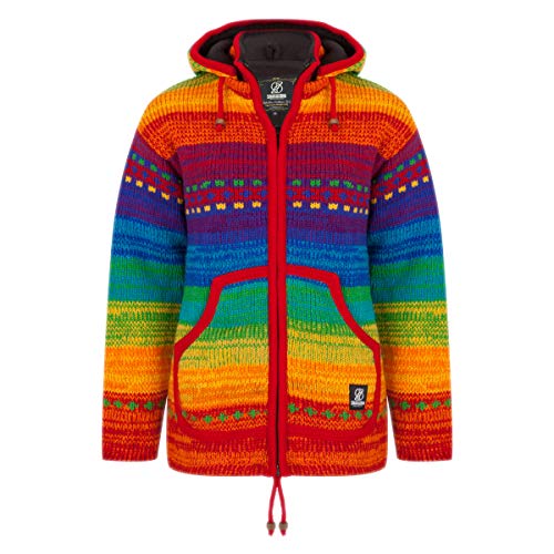 Strickjacke Wolljacke mit helle Regenbogenfarben - W Shaker ZH Spectrum für Damen - in Nepal hergestellte fleecegefütterte Wolljacke mit abnehmbarer Kapuze, gestrickt mit reiner Schafswolle - L von SHAKALOHA LIFE IS FOR LIVING