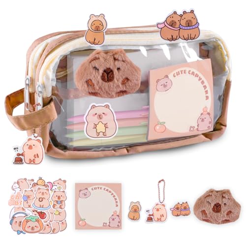 SHANFAA Nettes Capybara Stiftetui Set, transparente Capybara Stifttasche mit Fächern, Capybara Schulbedarf mit Aufkleber Anhänger Nette Pins Plüsch und Memo Pad von SHANFAA