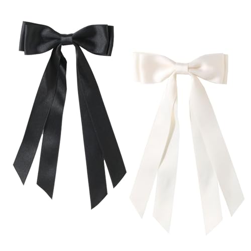 Haarspangen aus seidigem Satin, französische Haarspangen mit langem Band, einfarbig, schlichtes Accessoire, Haarspangen für Mädchen und Damen, 2 Stück (Schwarz + Beige) von SHANGFENG