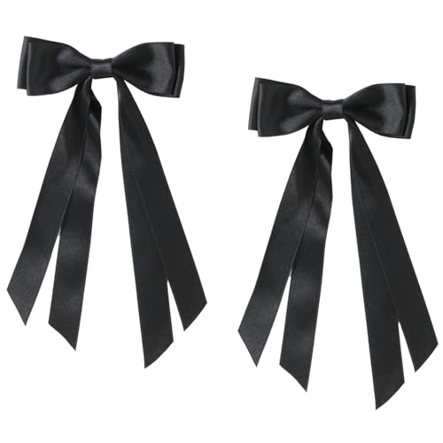 Haarspangen aus seidigem Satin, französische Haarspangen mit langem Band, einfarbig, schlichtes Accessoire, Haarspangen für Mädchen und Damen, 2 Stück (Schwarz + Schwarz) von SHANGFENG