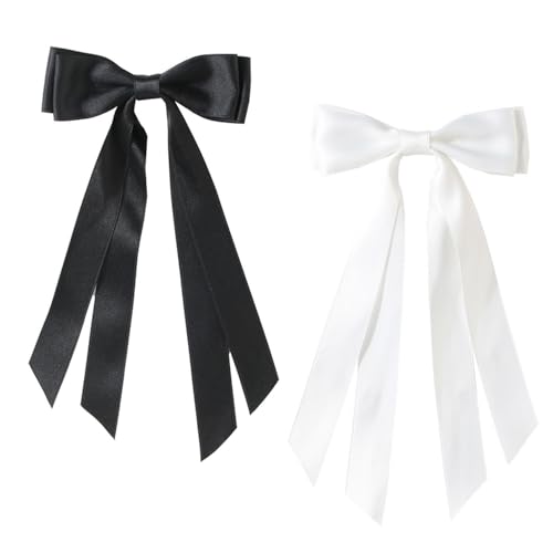 Haarspangen aus seidigem Satin, französische Haarspangen mit langem Band, einfarbig, schlichtes Accessoire, Haarspangen für Mädchen und Damen, 2 Stück (Schwarz + Weiß) von SHANGFENG