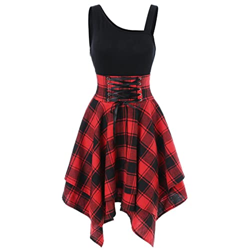 Frauen Kleider Punk Gothic Plaid Patchwork Lace Up Kleid Kurzarm Unregelmäßige Kleid Sommer Feminina Vestidos Mujer Oversize von SHANHE