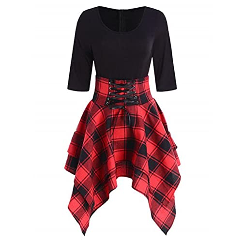 Frauen Kleider Punk Gothic Plaid Patchwork Lace Up Kleid Kurzarm Unregelmäßige Kleid Sommer Feminina Vestidos Mujer Oversize von SHANHE