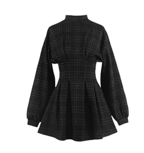 Goth Dress Gothic Harajuku Vintage Plaid Wrap Balck Mini Dress Retro Pleated Punk Long Sleeve Dark Aesthetic Kpop-Gray Grid,L von SHANHE