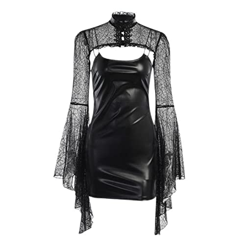 Gothic Dark Academia Zweiteiliges Set für Damen, schwarz, Pu-Leder, schmal, figurbetont, Minikleid, ausgehöhltes Spitzen-Crop-Top, E-Girl-Kleidung, Schwarz, L von SHANHE