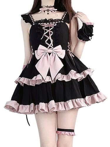 Harajuku Japanisches Kawaii-Mädchen-Lolita-Kleid, Street Gothic, schwarzes Trägerkleid, Bogenverband, Prinzessin, Lolita-Kuchenkleid, Mädchenkleid, S von SHANHE