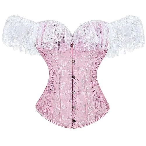 SHANHE Damen-Top, Jacquard-Schnürbesatz mit Ärmeln, Korsetts, One-Shoulder-Satin-Bustier, Übergröße, Vintage, Rosa, L von SHANHE