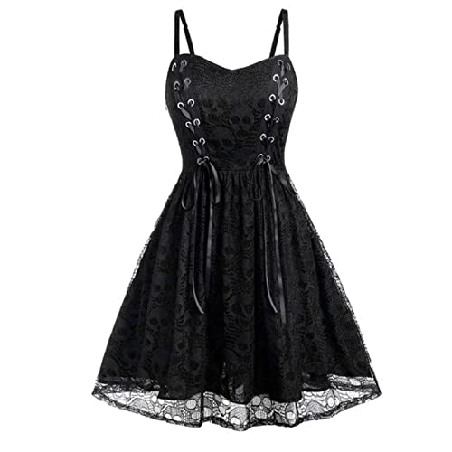 SHANHE Halloween Costumes Skull Print Spaghetti Strap Gothic Dresses for Women Vintage Lace Up Mesh Bandage Party -Black,M von SHANHE