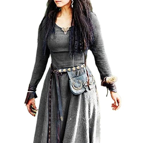 BeerMmay Mittelalterliches Kleid für Damen, langärmelig, Maxi-Robe, Vintage-Fee, Elfenkleid, Renaissance, keltische Wikinger-Gothic-Kleidung - Dunkelgrau, 4XL von BeerMmay