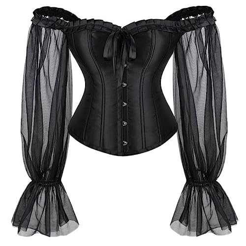 SHANHE Schulterfreier Spitzen-Satin-Cover-BH, Übergröße, knochenformendes Korsett für Damen, schwarzes Korsett-Oberteil mit langen Ärmeln, Schwarz, XL von SHANHE