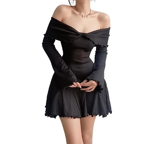 Women Knitting Dresses Long Sleeve Off Shoulder Solid Color Casual Party Spring Summer Dress Club Street Style-Black,L von SHANHE