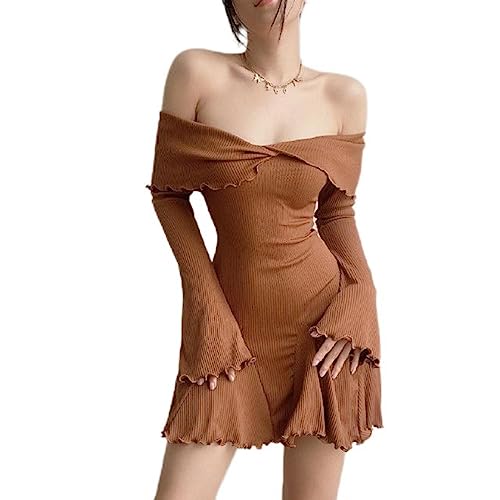 Women Knitting Dresses Long Sleeve Off Shoulder Solid Color Casual Party Spring Summer Dress Club Street Style-Coffee,L von SHANHE