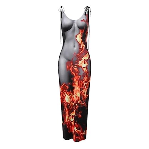 Women Long Dress Sleeveless Tie-Up Body Flame Print Slim Fit Bodycon Dress Summer Dress for Party Skin Friendly-A,L von SHANHE