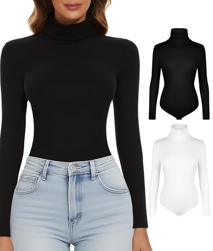 SHAPERIN 2er Pack Body Damen Langarm Elegante Bodys Oberteil Langarmbody Gerippt Einteiler Bodysuits Tops Schwarz+Weiß 1# M von SHAPERIN