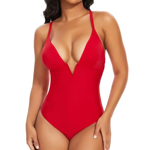 SHAPERIN Badeanzug Bauchweg Damen Tiefer V Ausschnit Einteilige Bademode Monikini Badebekleidung mit Shaping Effekt Swimsuits Tummy Control Women Rot S von SHAPERIN