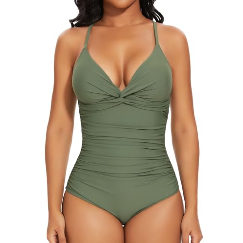 SHAPERIN Badeanzug Bauchweg Shapewear Damen V Ausschnit Einteilige Bademode Monikini Badebekleidung Swimsuits Tummy Control Women Grün M von SHAPERIN