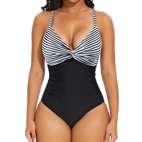SHAPERIN Badeanzug Damen Bauchweg Gestreift V Ausschnit Damen Einteilige Bademode Badebekleidung Retro Push Up Swimsuit Tummy Control Monikini Streifen XXL von SHAPERIN