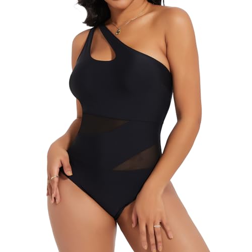 SHAPERIN Badeanzug Damen Bauchweg Sheer Mesh Swimsuit Bauchkontrolle Einteilige Bademode Monikini Tummy Control Swimwear Schwarz 2# 2XL von SHAPERIN