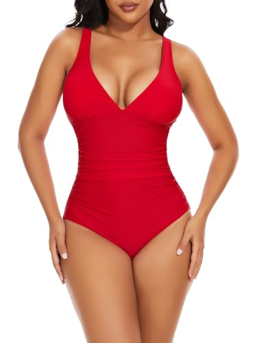 SHAPERIN Badeanzug Damen V-Ausschnitt Bauchweg Formender Badeanzug Sexy Monokini Rückenfrei Einteilige Bademode Swimsuits Miederbody, Rot, L von SHAPERIN