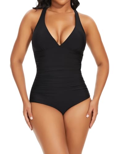 SHAPERIN Badeanzug Damen V-Ausschnitt Bauchweg Formender Badeanzug Sexy Monokini Rückenfrei Einteilige Bademode Swimsuits Miederbody, Schwarz, M von SHAPERIN