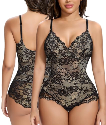 SHAPERIN Bauchweg Body Damen Sptize Formende Bodysuit Shapewear Rückenfrei Shape Body V-Ausschnitt Miederbody Stringbody Lace Schwarz XXL von SHAPERIN