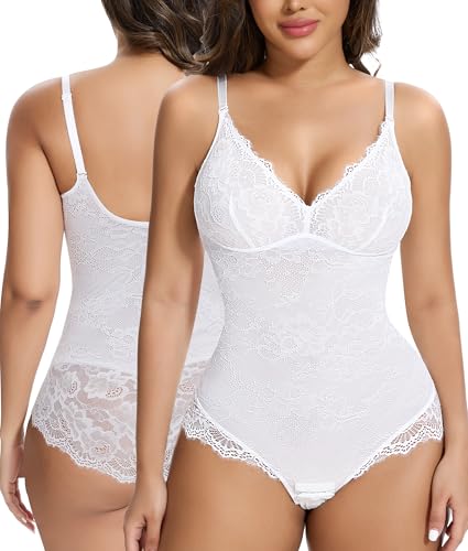 SHAPERIN Bauchweg Body Damen Sptize Formende Bodysuit Shapewear Rückenfrei Shape Body V-Ausschnitt Miederbody Stringbody Lace Weiß L von SHAPERIN