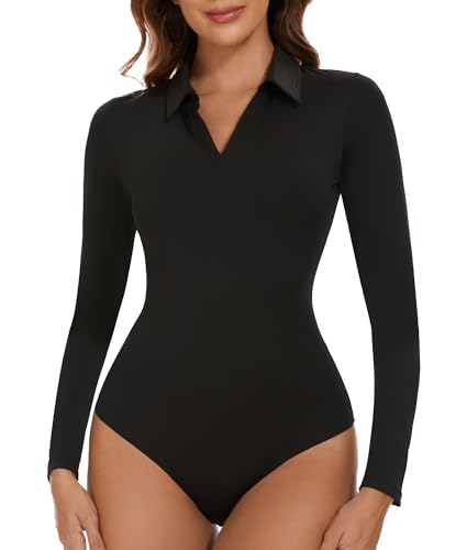 SHAPERIN Body Damen Langarm Bodies Langarmshirt Unterziehbody Tanga V-Ausschnit Long Sleeve Bodysuit Tops Schwarz L von SHAPERIN