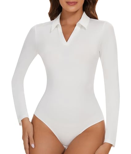 SHAPERIN Body Damen Langarm Bodies Langarmshirt Unterziehbody Tanga V-Ausschnit Long Sleeve Bodysuit Tops Weiß XL von SHAPERIN
