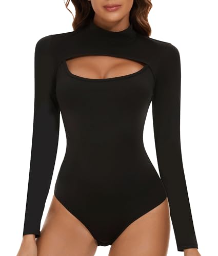 SHAPERIN Body Damen Langarm Mock-Ausschnitt Bodies Langarmshirt Unterziehbody Tanga Long Sleeve Bodysuit Tops Cutout Front Schwarz XL von SHAPERIN