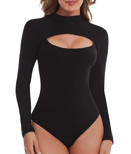 SHAPERIN Body Damen Langarm Mock-Ausschnitt Leotards Langarmbody Stehkragen Bodies Langarmshirt Unterziehbody Tanga Bodysuit Tops Cutout Front Schwarz #2 L von SHAPERIN
