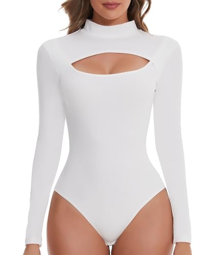 SHAPERIN Body Damen Langarm Mock-Ausschnitt Leotards Langarmbody Stehkragen Bodies Langarmshirt Unterziehbody Tanga Bodysuit Tops Cutout Front Weiß #2 S von SHAPERIN