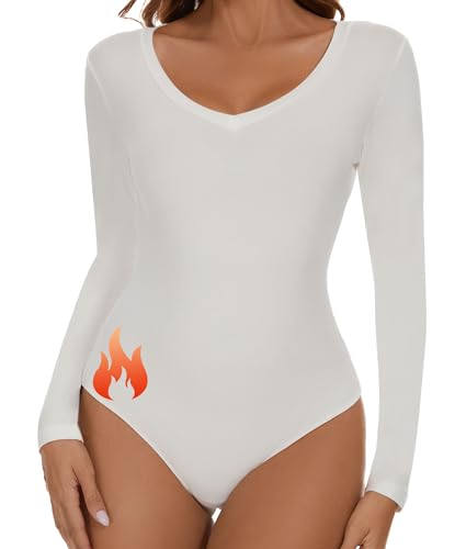 SHAPERIN Body Damen Langarm Thermo Damenbody V-Ausschnitt Langarmbody Thermobody Warm Langarmshirt Bodys Weiß-Thermo S von SHAPERIN