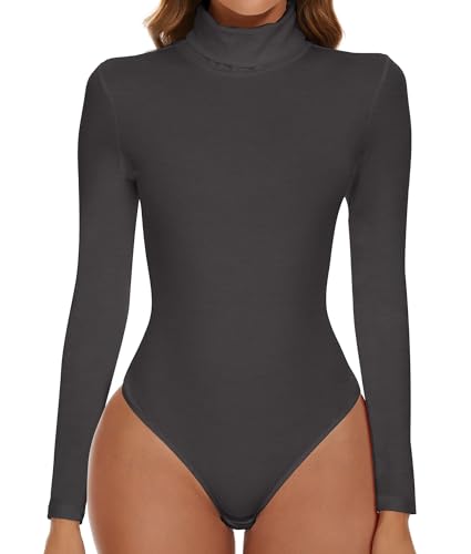 SHAPERIN Body Langarm Damen Rollkragen Bodysuits Oberteil Tanga Leotards Overall Elegant Langarmbody Dunkelgrau M von SHAPERIN