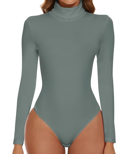 SHAPERIN Body Langarm Damen Rollkragen Bodysuits Oberteil Tanga Leotards Overall Elegant Langarmbody Grau Grün S von SHAPERIN