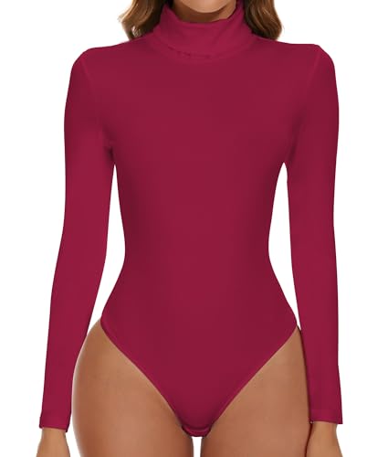 SHAPERIN Body Langarm Damen Rollkragen Bodysuits Oberteil Tanga Leotards Overall Elegant Langarmbody Lila Rot S von SHAPERIN